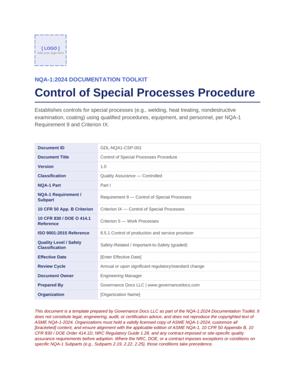 Control of Special Processes Procedure document for nuclear quality assurance.