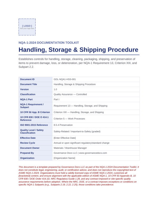 Handling, Storage & Shipping Procedure document for nuclear quality assurance.