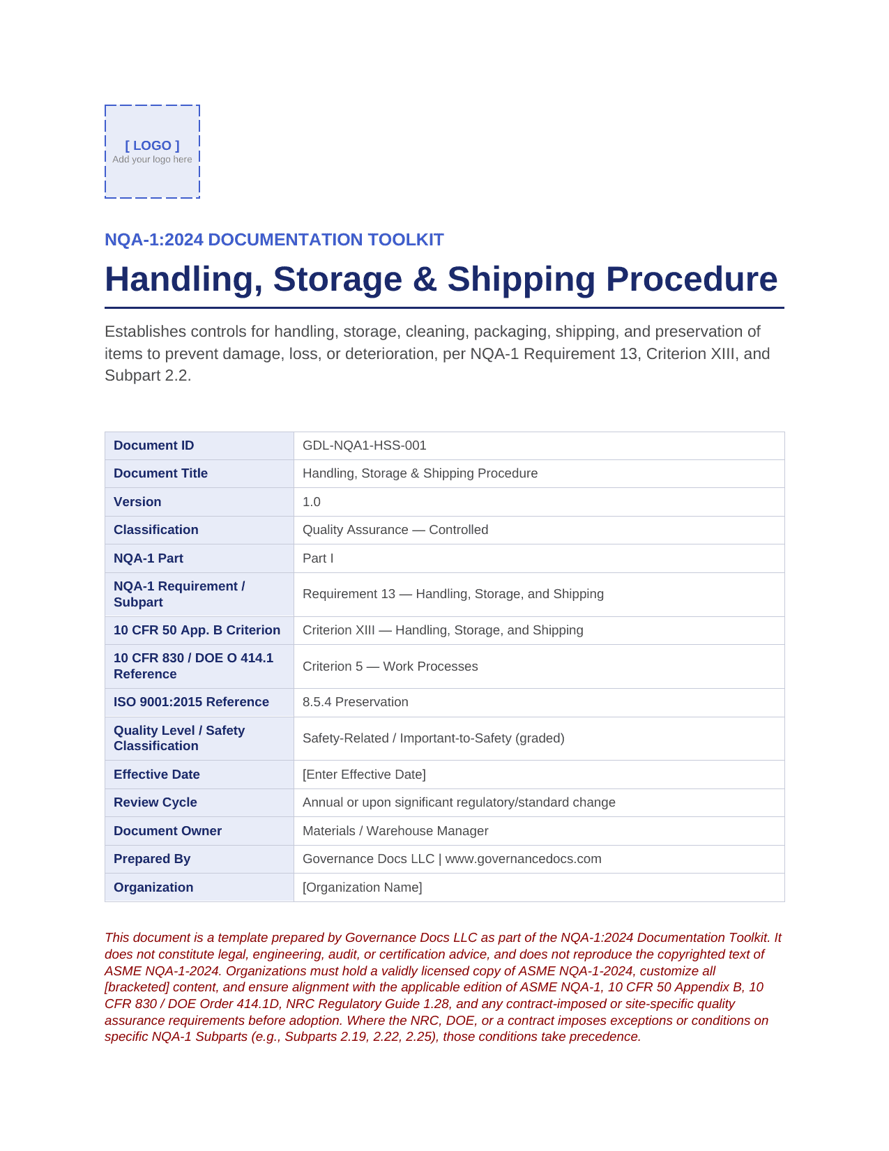 Handling, Storage & Shipping Procedure document for nuclear quality assurance.