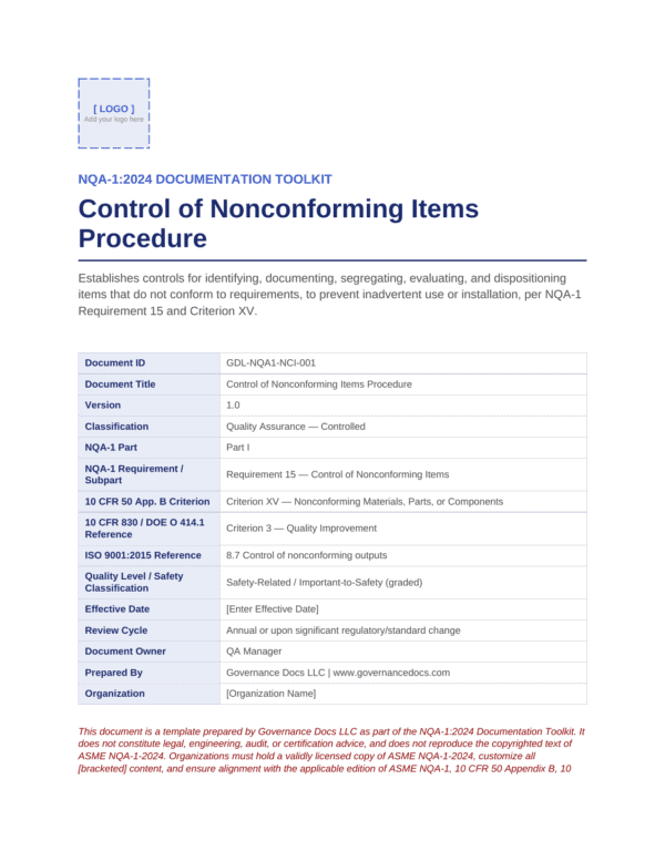 Control of Nonconforming Items Procedure document for NQA-1-2024.