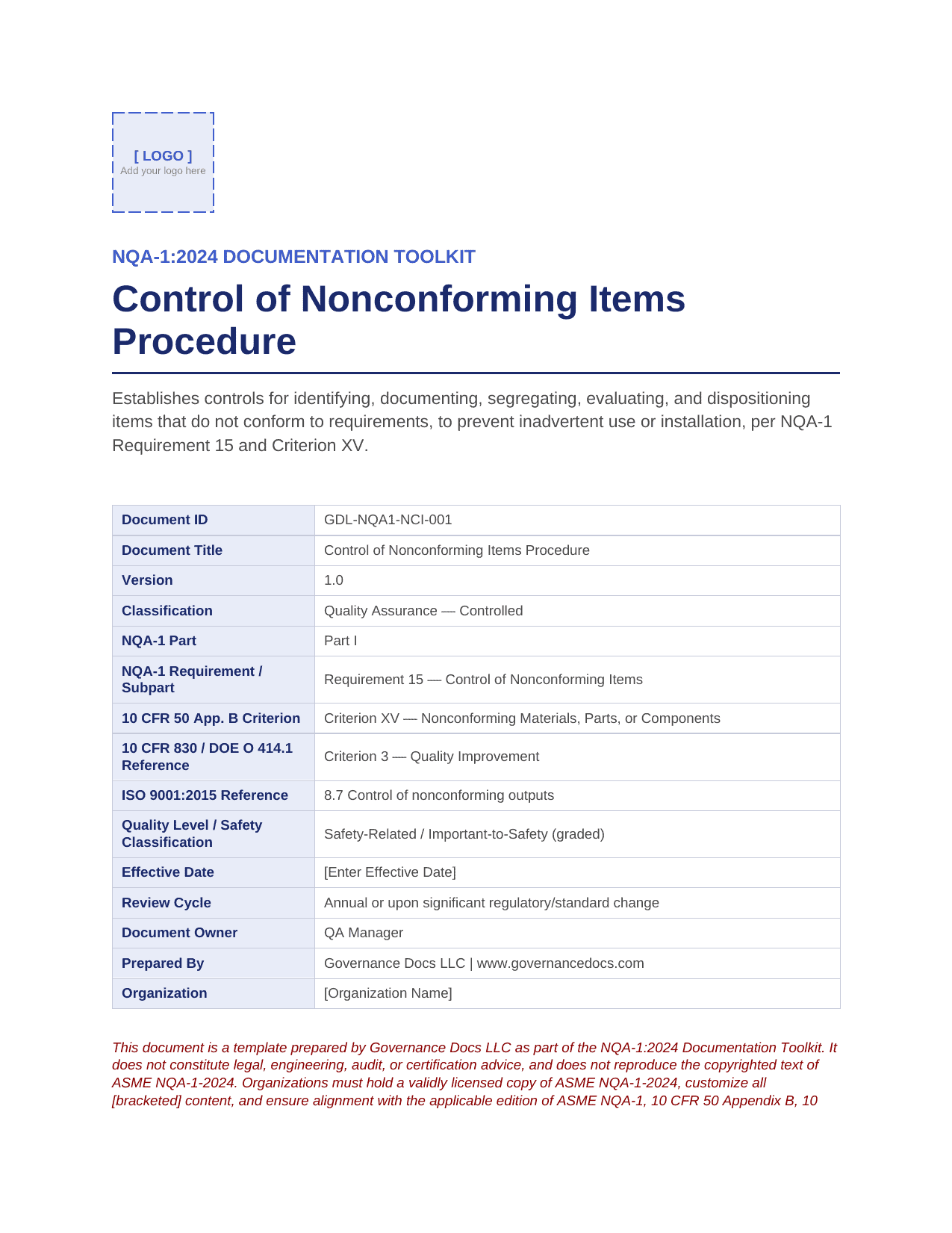 Control of Nonconforming Items Procedure document for NQA-1-2024.