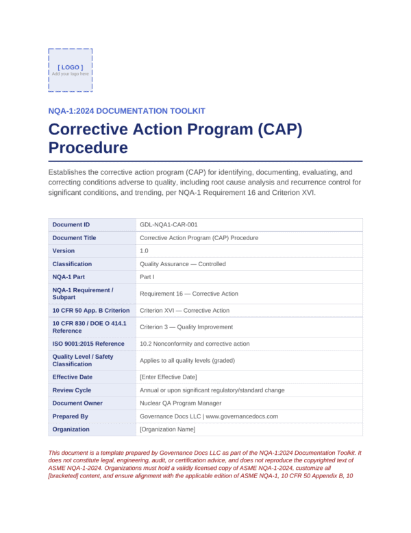 Governance Docs NQA-1:2024 Corrective Action Program Procedure document image.