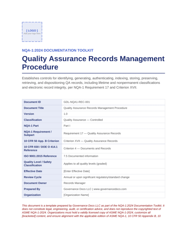 Governance Docs Quality Assurance Records Management Procedure document.