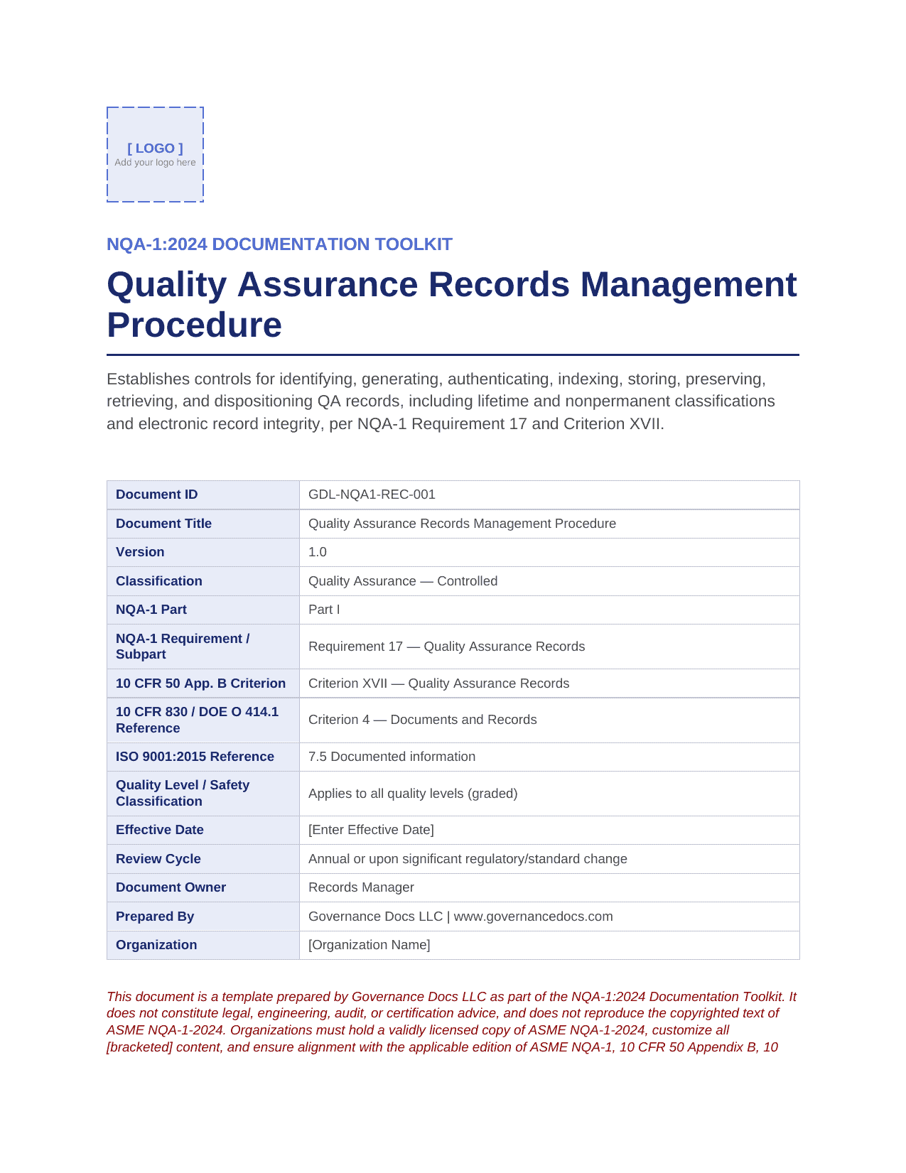 Governance Docs Quality Assurance Records Management Procedure document.