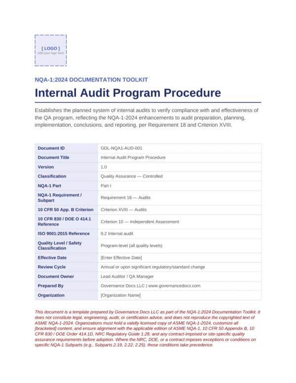 Internal Audit Program Procedure document for nuclear quality assurance.