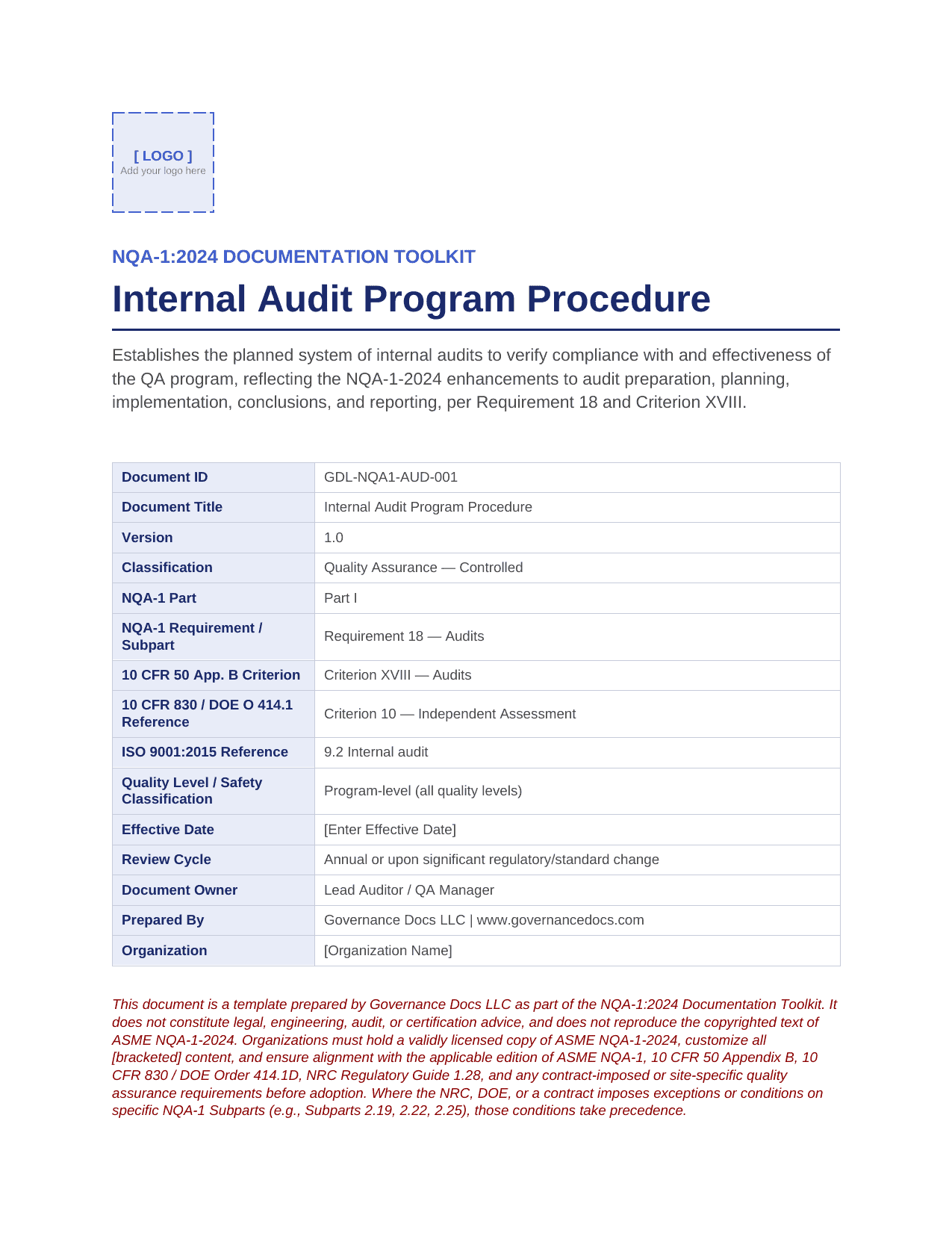 Internal Audit Program Procedure document for nuclear quality assurance.
