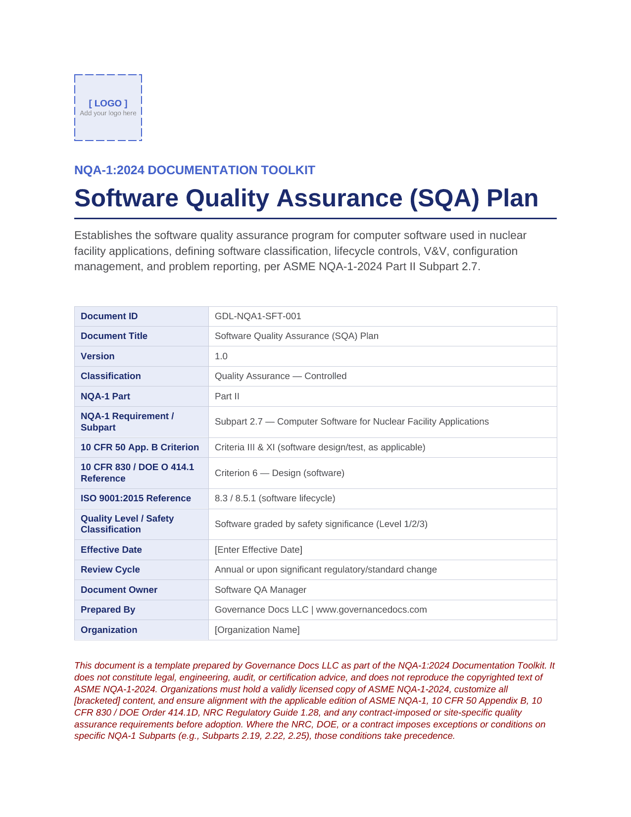 Software Quality Assurance (SQA) Plan document for nuclear quality management.