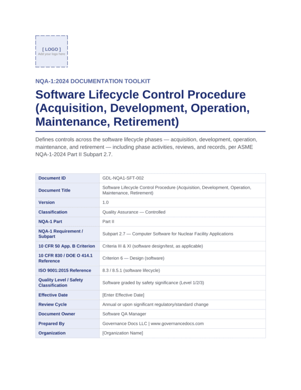 Software Lifecycle Control Procedure for Nuclear Quality Assurance Toolkit.