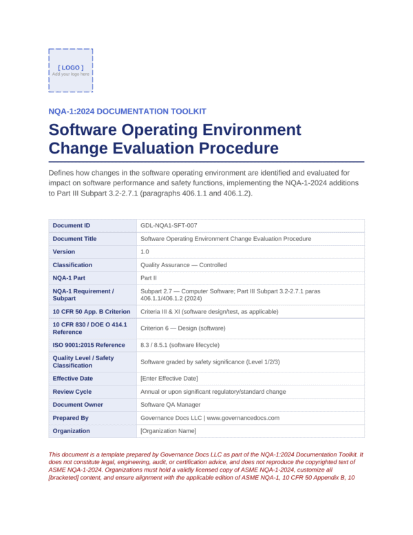 Software Operating Environment Change Evaluation Procedure document image.