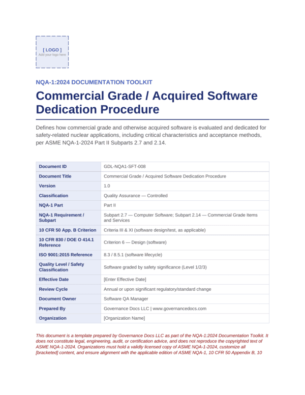 Governance Docs logo with NQA-1:2024 documentation toolkit overview.