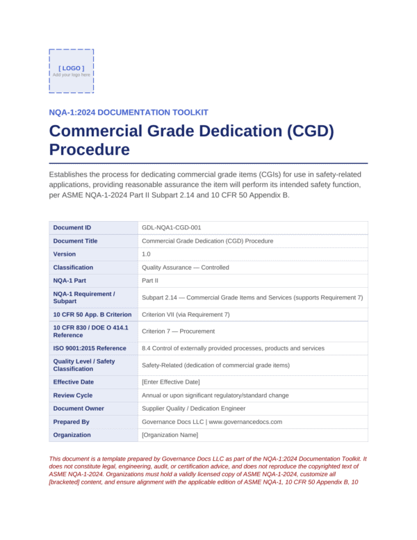 Governance Docs NQA-1:2024 documentation toolkit for nuclear quality assurance.
