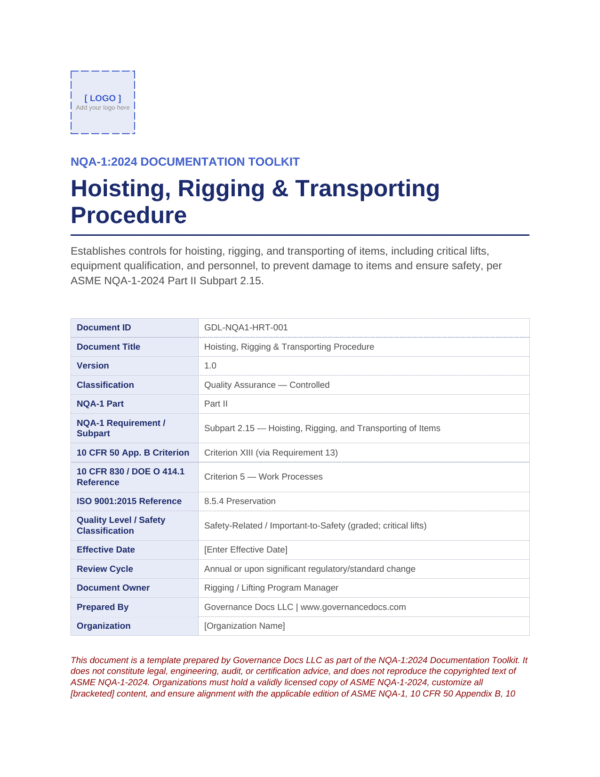 Governance Docs logo with NQA-1:2024 documentation toolkit overview.