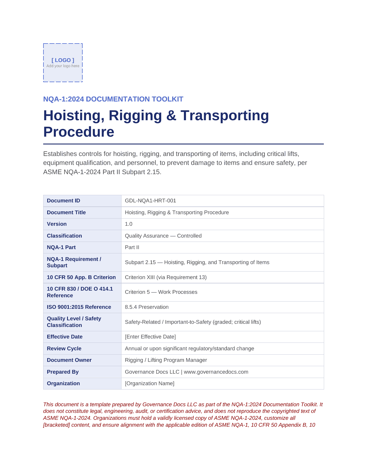 Governance Docs logo with NQA-1:2024 documentation toolkit overview.