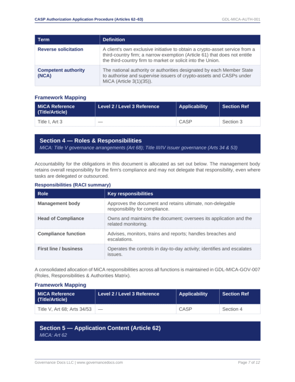 Governance document with roles, responsibilities, and compliance details for crypto-asset regulation.