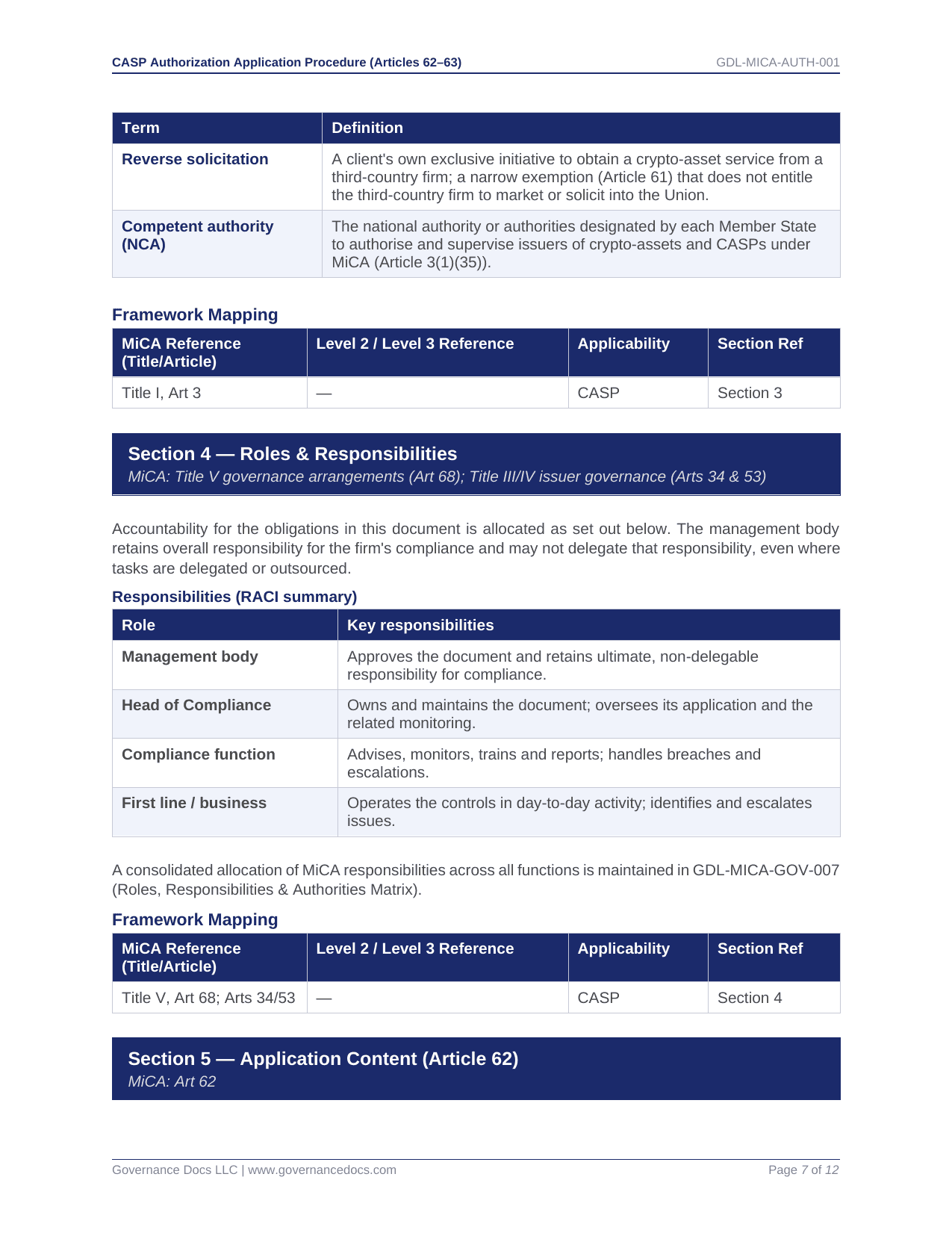 Governance document with roles, responsibilities, and compliance details for crypto-asset regulation.