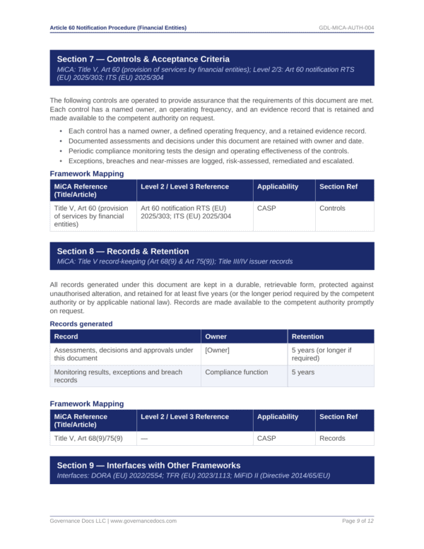 Governance documentation and compliance controls for MiCA regulation.