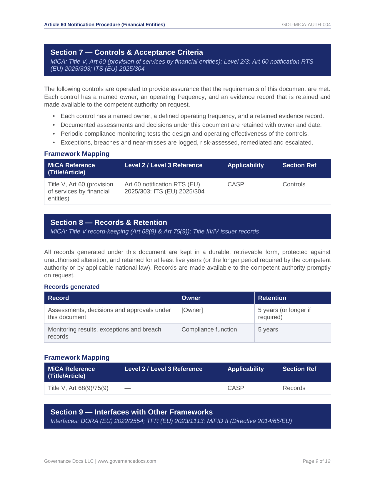 Governance documentation and compliance controls for MiCA regulation.