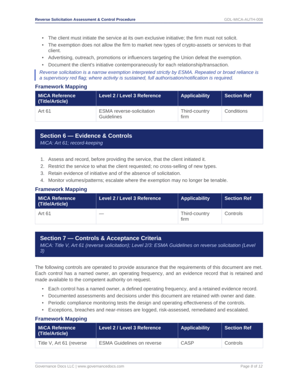 Governance Docs MiCA Toolkit with templates for reverse solicitation and controls.