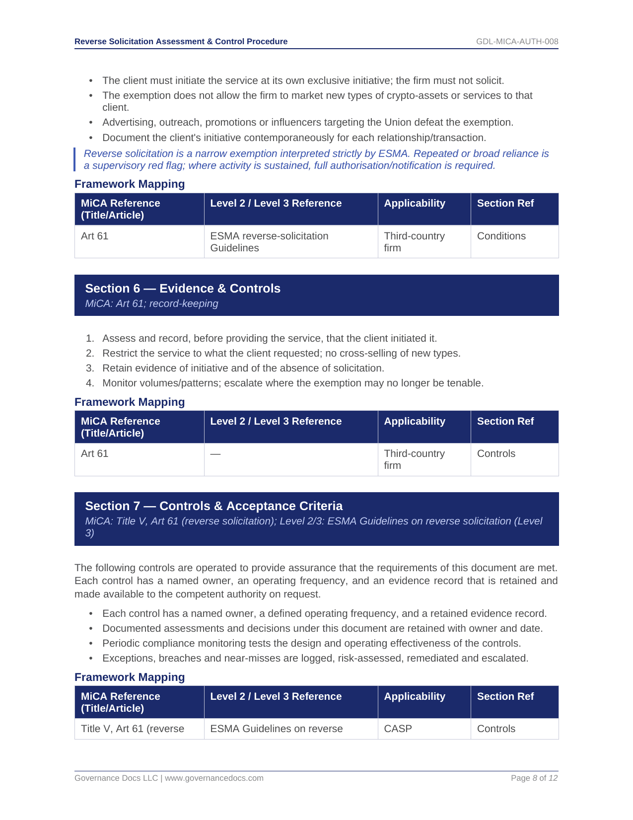 Governance Docs MiCA Toolkit with templates for reverse solicitation and controls.