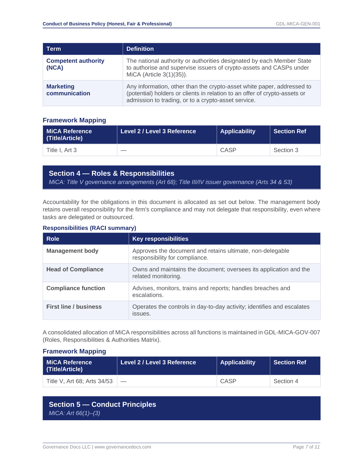 Governance policy document with roles, responsibilities, and principles for business conduct.