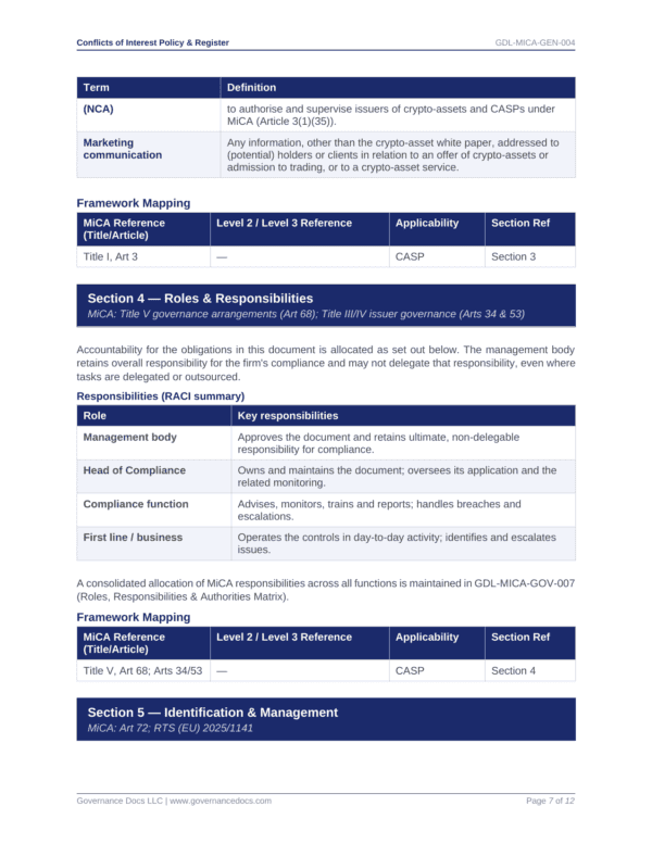 Governance document with roles, responsibilities, and compliance details for MiCA regulation.