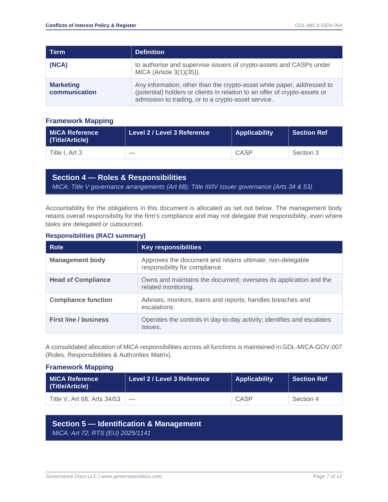 Governance document with roles, responsibilities, and compliance details for MiCA regulation.