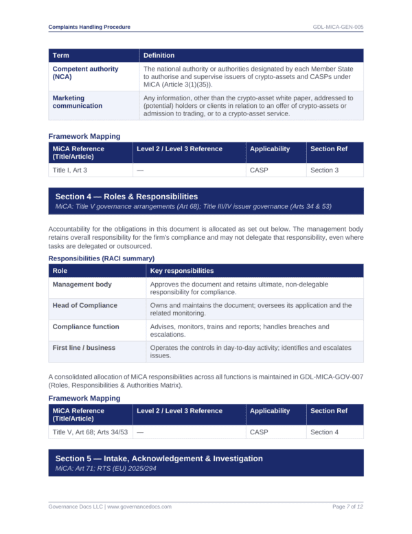Governance document with responsibilities, roles, and compliance details for MiCA regulations.