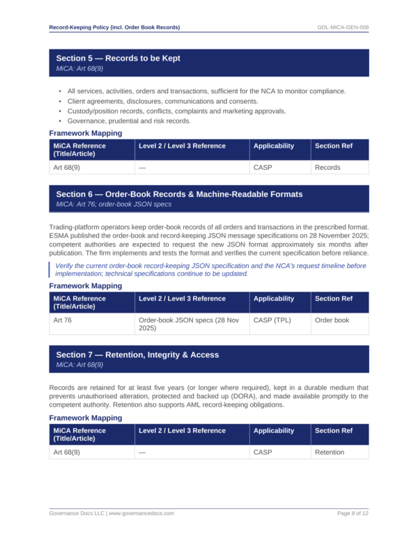 Governance documentation and record-keeping standards for MiCA compliance.