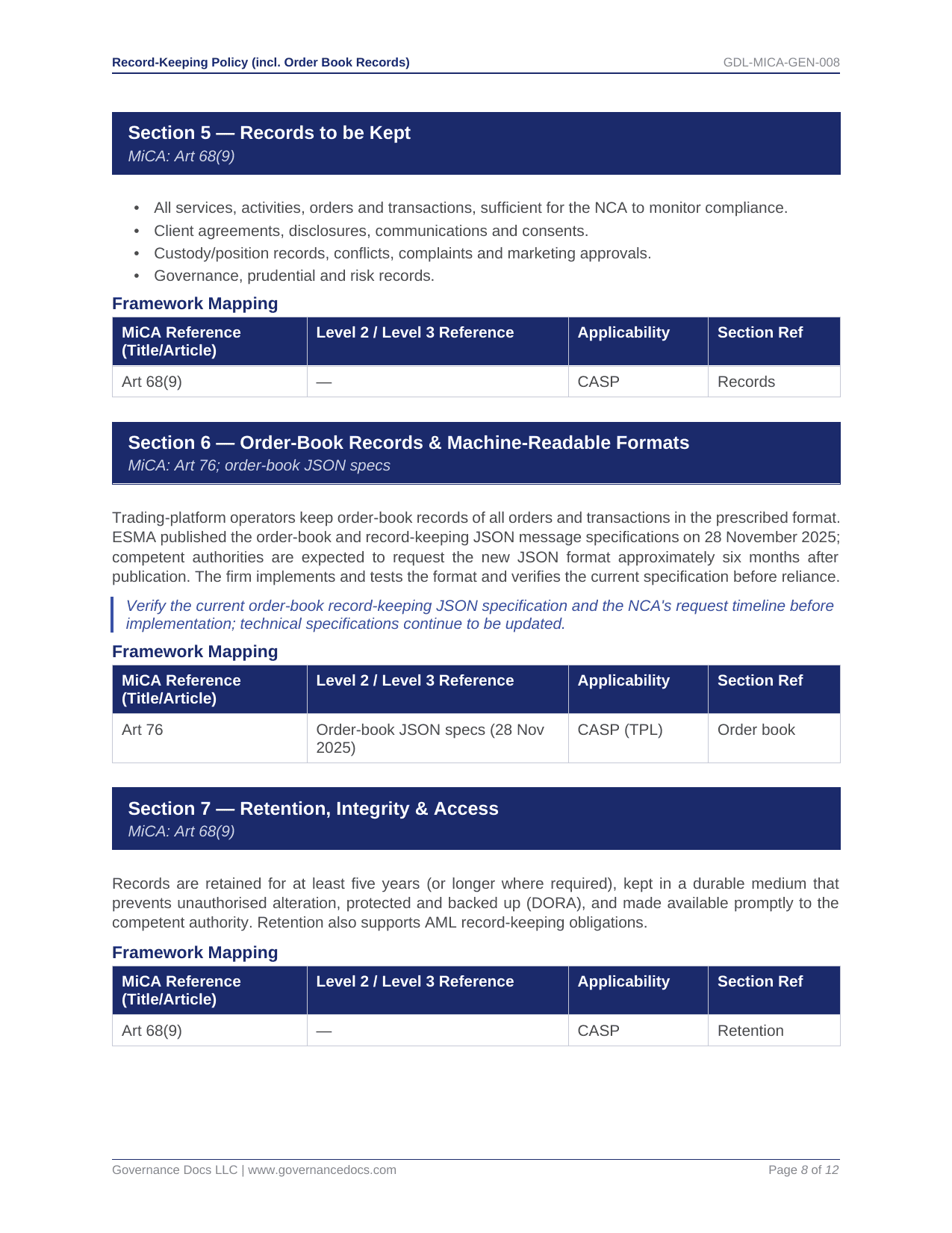 Governance documentation and record-keeping standards for MiCA compliance.