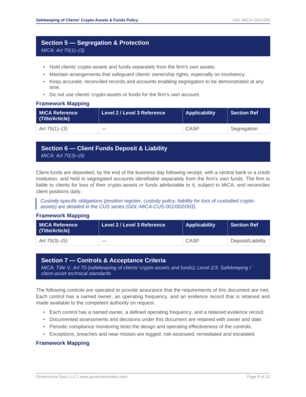 Governance Docs MiCA Toolkit with templates for segregation and client funds management.
