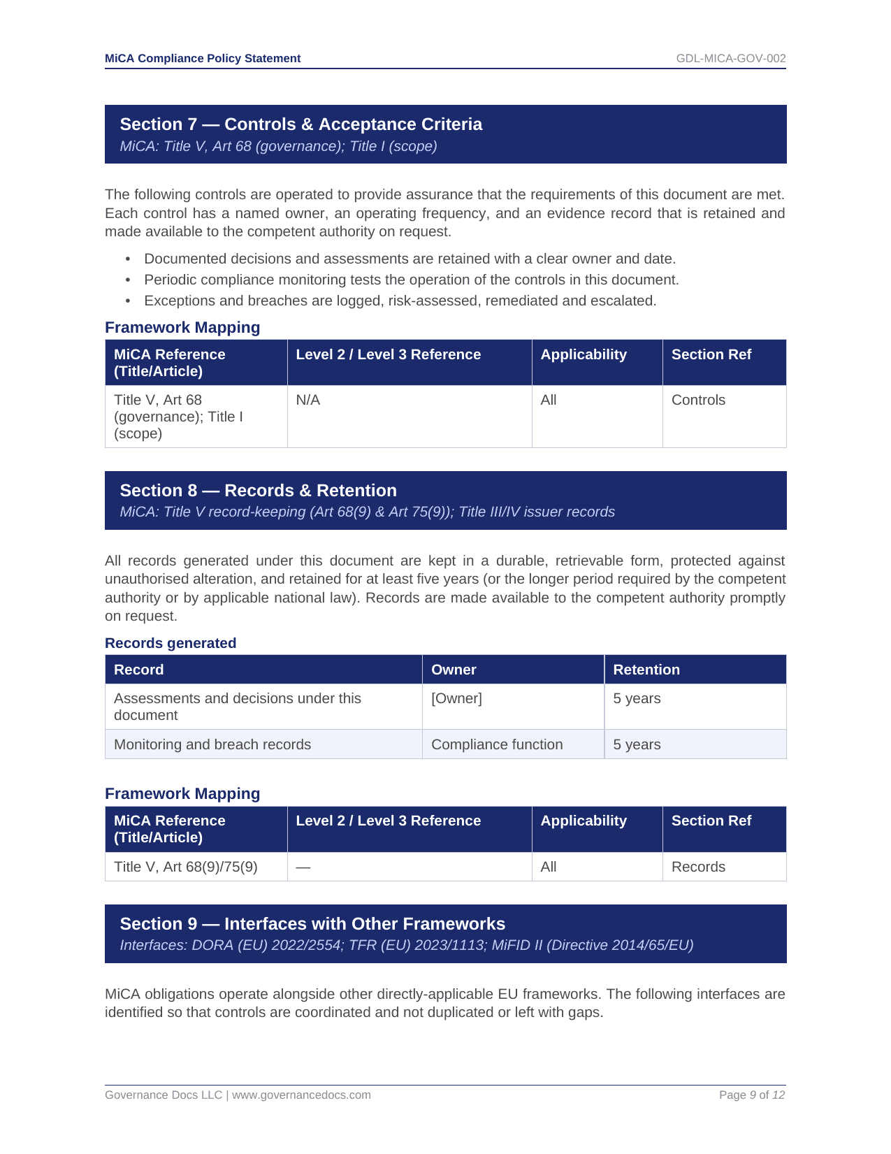 Governance Docs MiCA Toolkit with compliance and record-keeping templates.