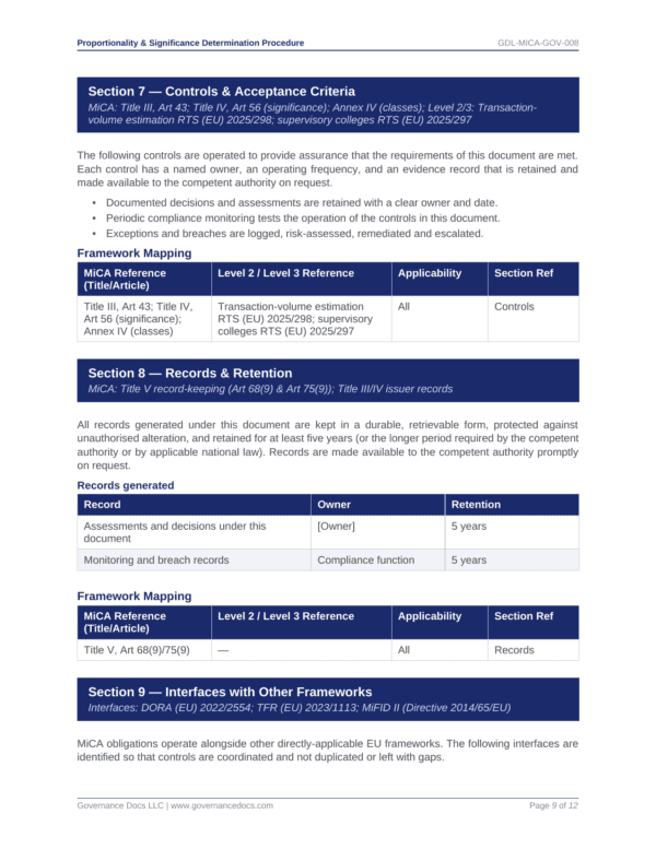 Governance Docs MiCA Toolkit with templates for controls and compliance.