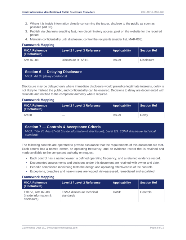 Governance Docs MiCA Toolkit with templates for disclosure, delay, and controls.