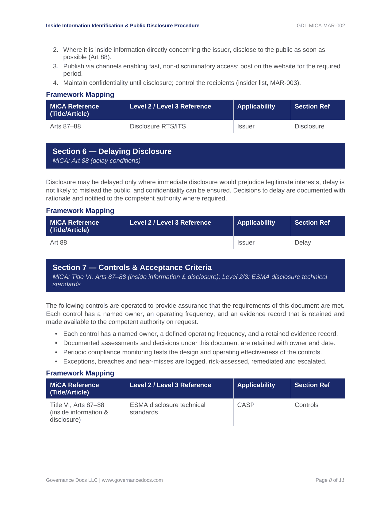Governance Docs MiCA Toolkit with templates for disclosure, delay, and controls.