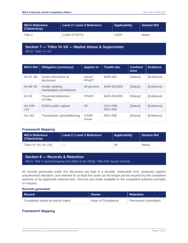Governance Docs MiCA Toolkit compliance matrix for market abuse supervision.
