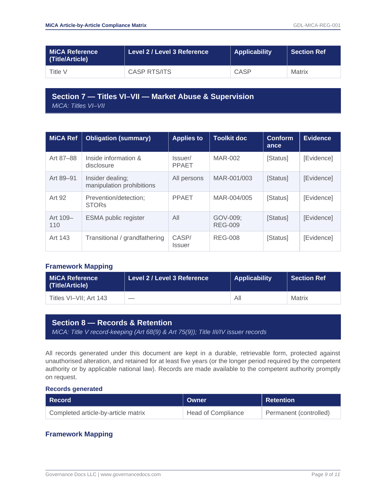 Governance Docs MiCA Toolkit compliance matrix for market abuse supervision.