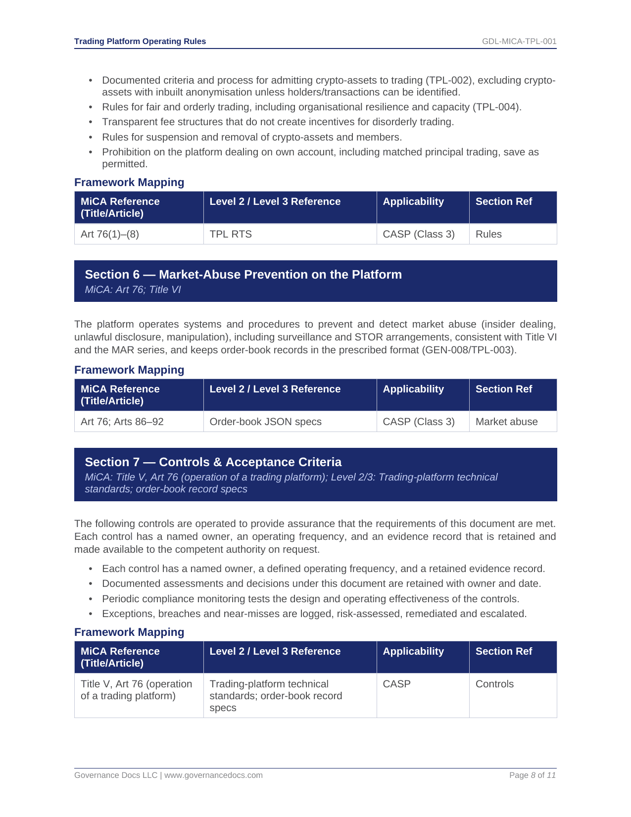 Governance Docs logo with trading platform rules and framework mappings.