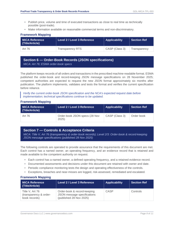 Governance Docs MiCA Toolkit: JSON order-book records and transparency standards.