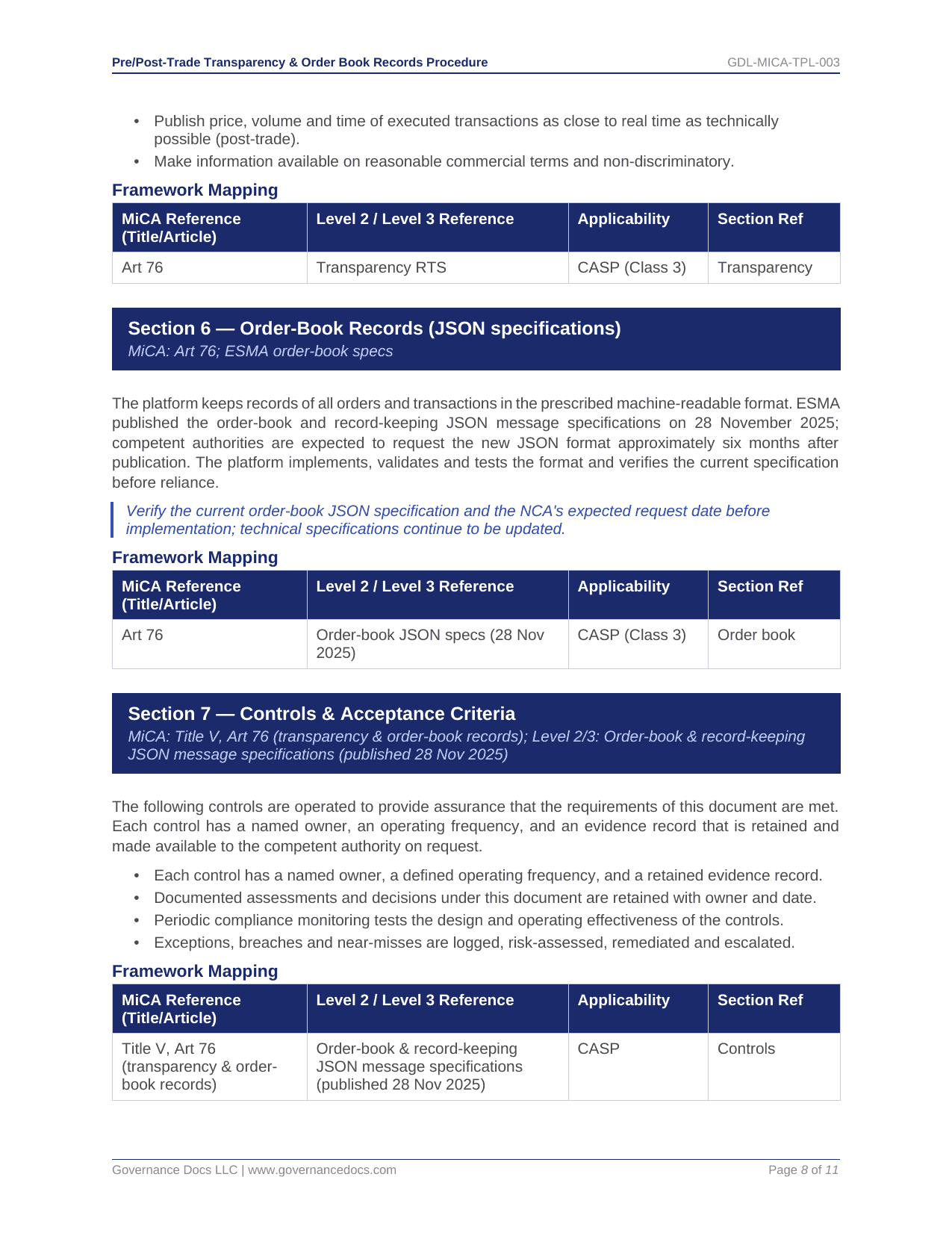 Governance Docs MiCA Toolkit: JSON order-book records and transparency standards.
