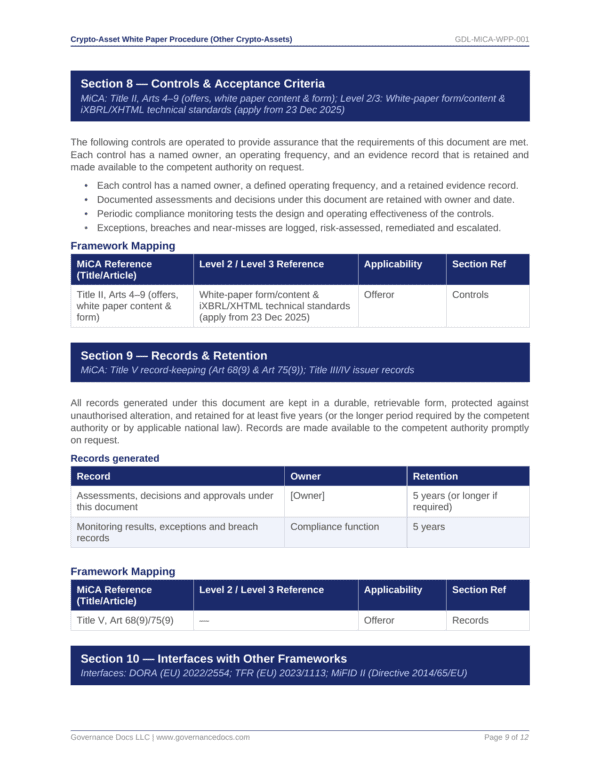 Governance Docs MiCA Toolkit with controls and acceptance criteria overview.