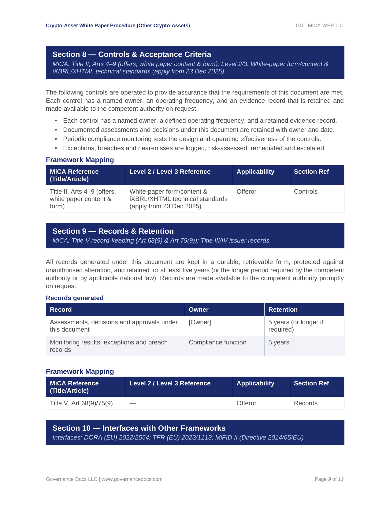 Governance Docs MiCA Toolkit with controls and acceptance criteria overview.
