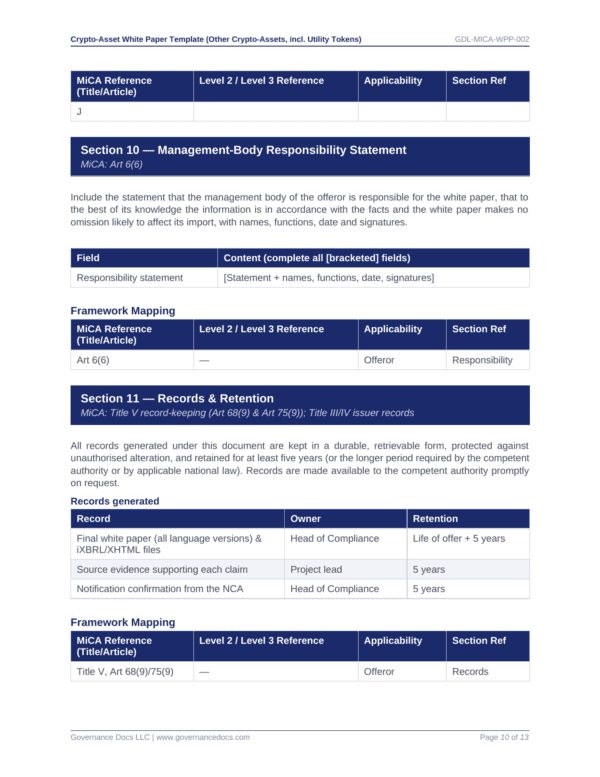 Governance document template for MiCA regulation compliance and record management.