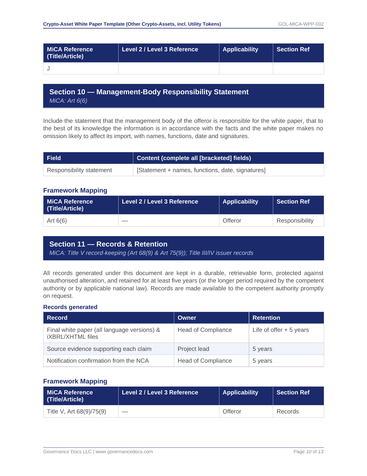 Governance document template for MiCA regulation compliance and record management.