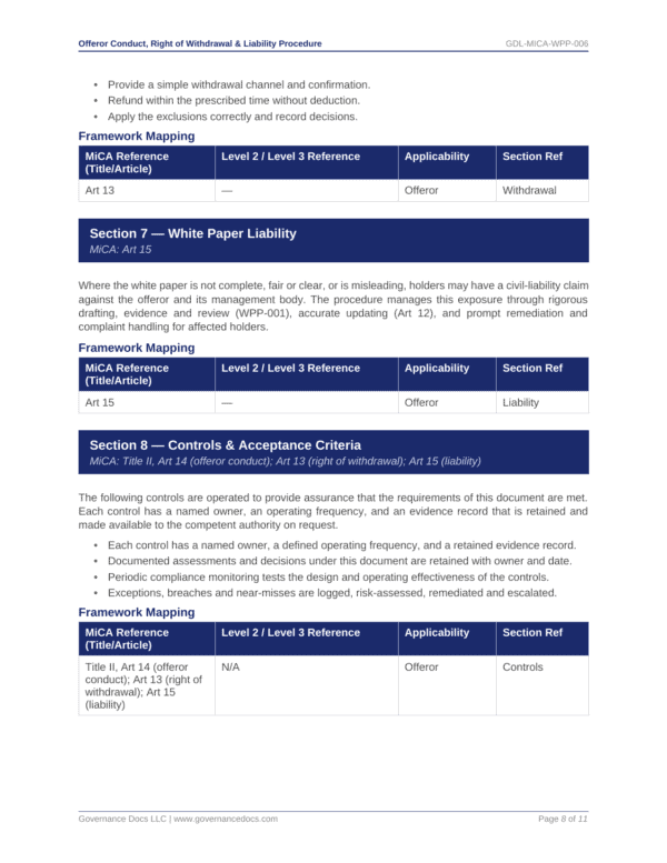 Governance Docs MiCA Toolkit with templates for white paper liability and controls.
