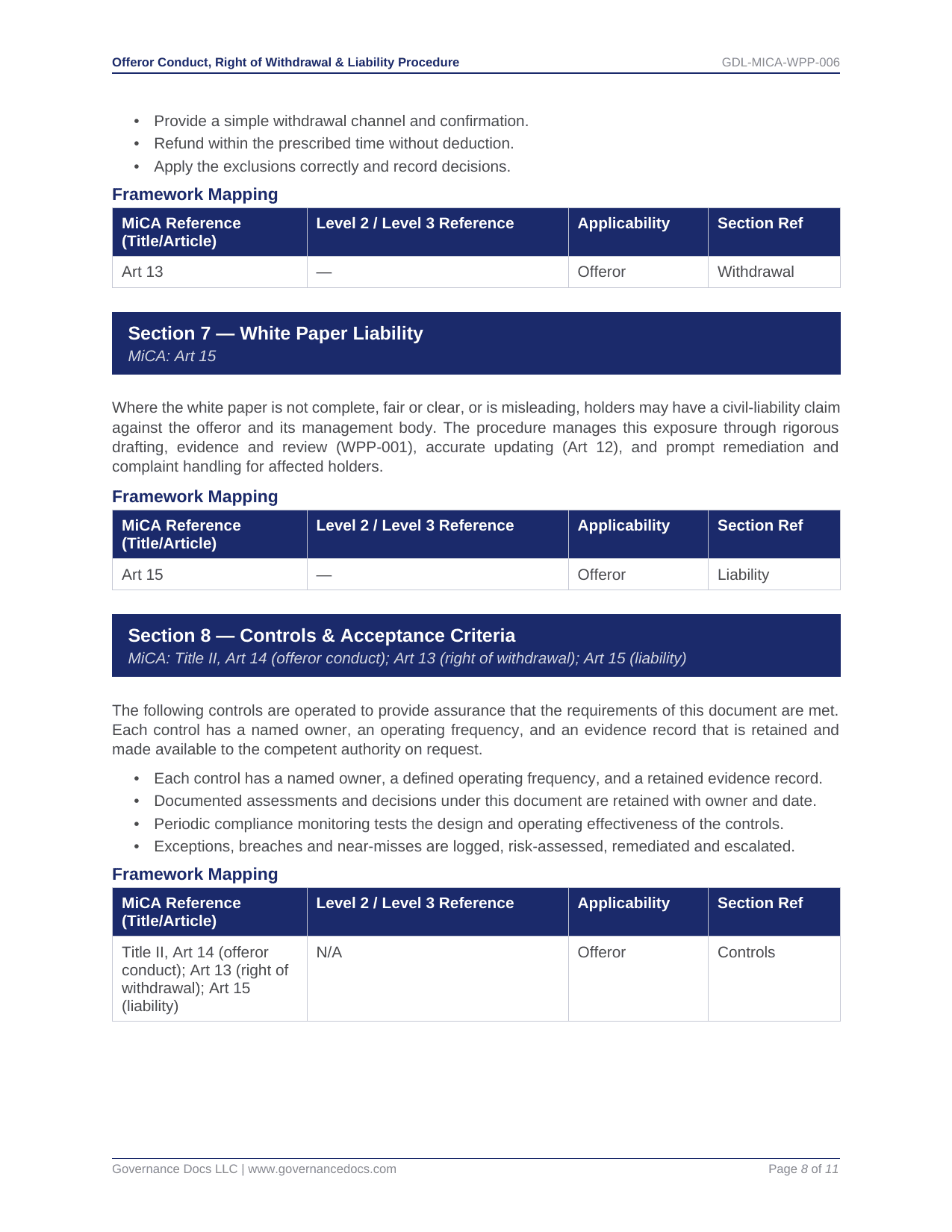 Governance Docs MiCA Toolkit with templates for white paper liability and controls.
