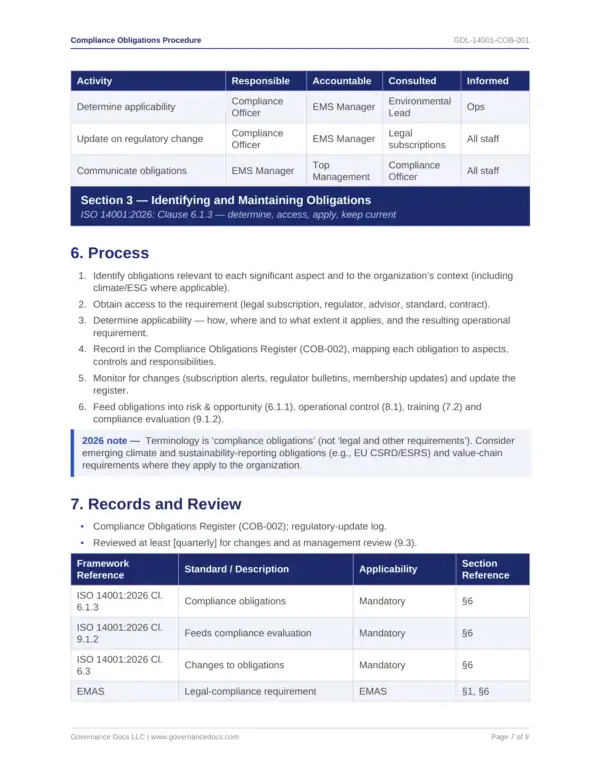 ISO 14001 toolkit sample: Compliance Obligations Procedure