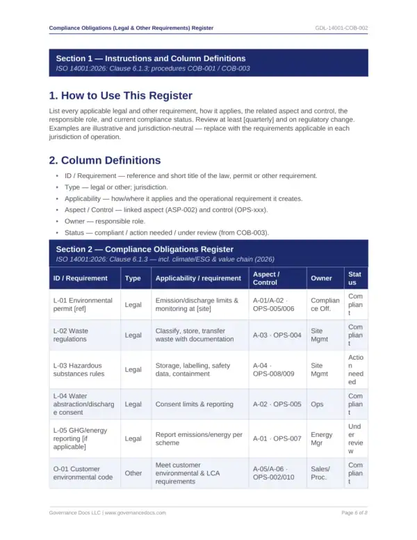 ISO 14001 toolkit sample: Compliance Obligations Register