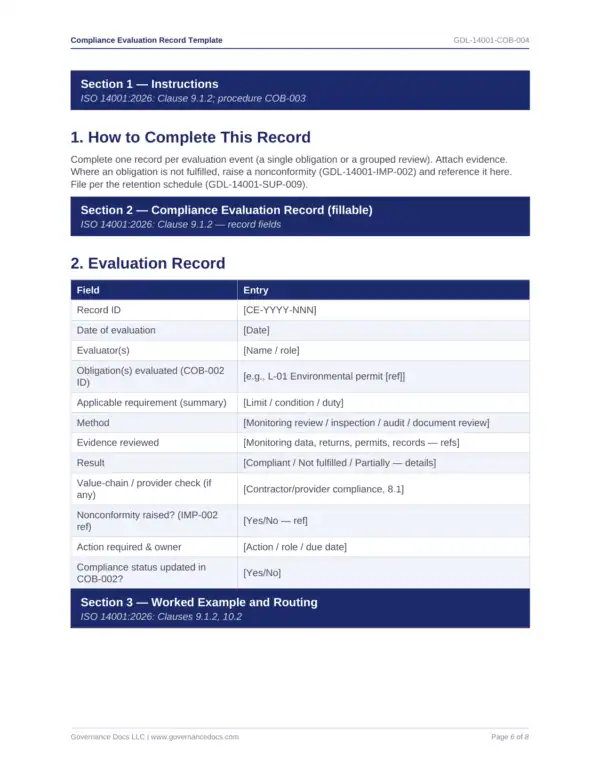 ISO 14001 toolkit sample: Compliance Evaluation Record Template