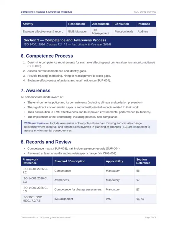 ISO 14001 toolkit sample: Competence Training Awareness Procedure