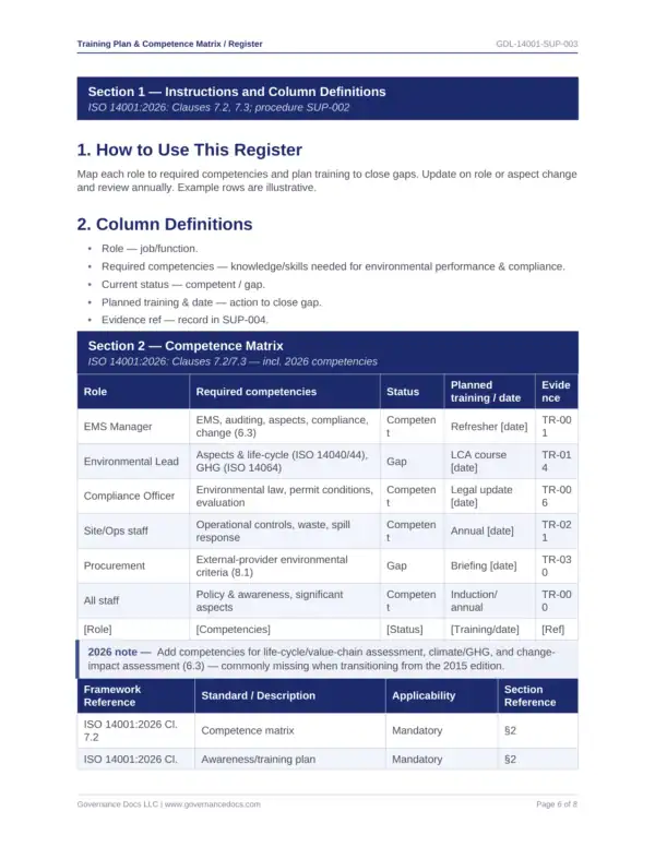 ISO 14001 toolkit sample: Training Plan Competence Matrix